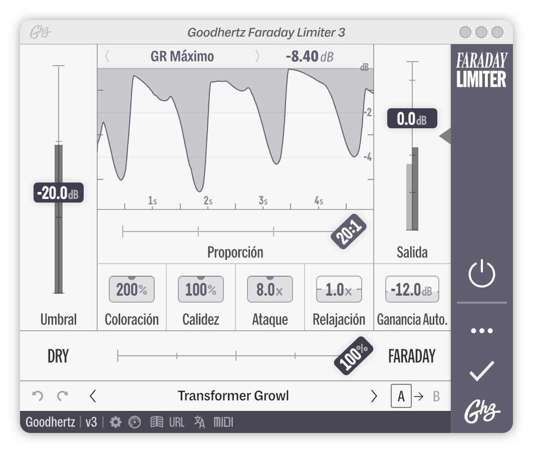 A screenshot of the Faraday Limiter interface